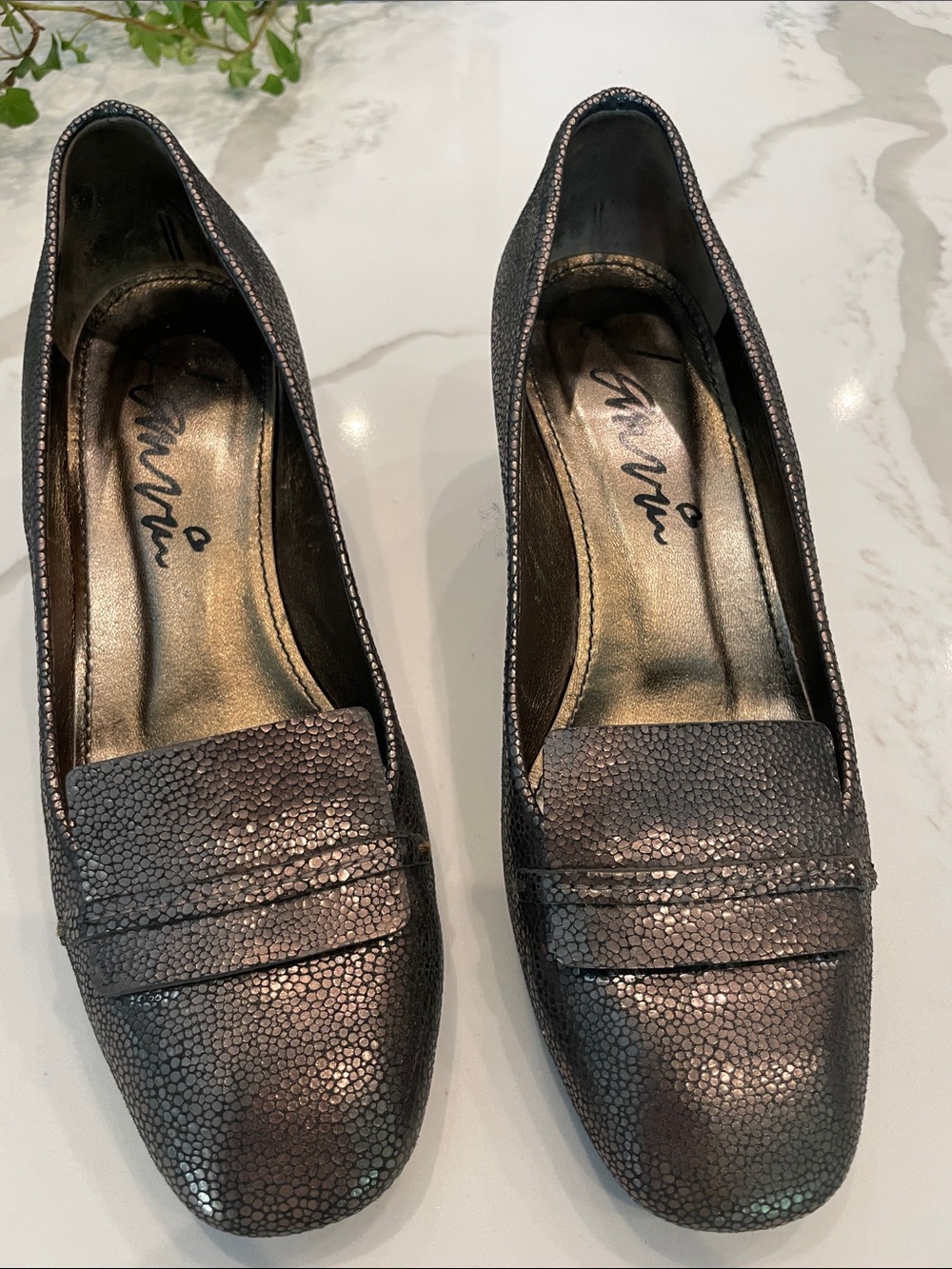 Lanvin bronze block heel loafers